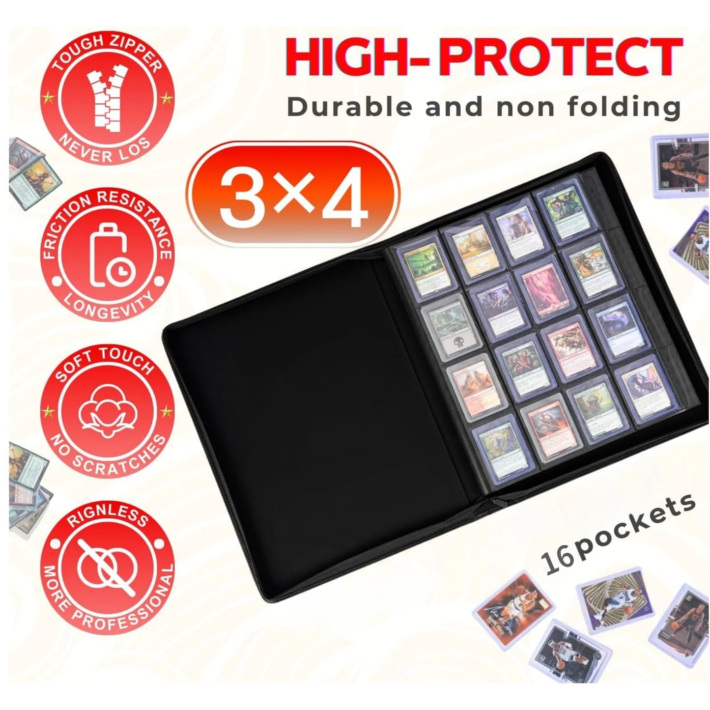 16 Pocket Toploader Binder, Holds 640 Top Loaders - Premium Top Loader Binder ，Sleeves for 3" x 4" Rigid Card